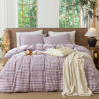 MooMee Gingham Duvet Cover Set 100% Washed Cotton Linen Like Textured Breathable Durable Soft Comfy Modern Checkered Design (Classic Gingham Light Purple, Twin 68"x90")
