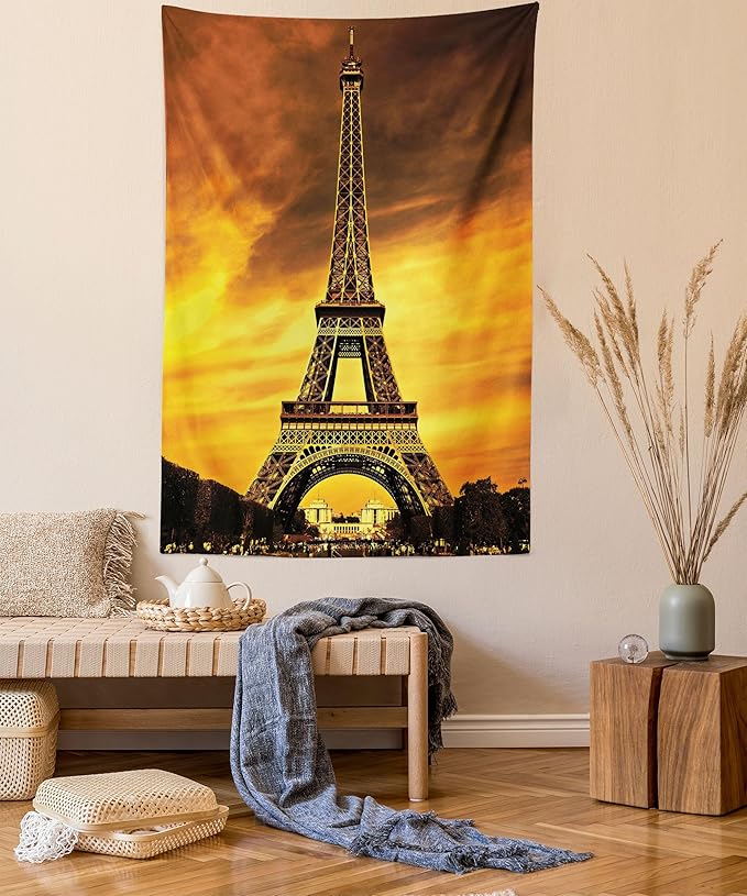 Ambesonne Eiffel Tower Tapestry Queen Size, Paris Love City Monument in Dramatic Sunrise Picture of French Landmark, Wall Hanging Bedspread Bed Cover Wall Decor, 88" X 88", Yellow Brown