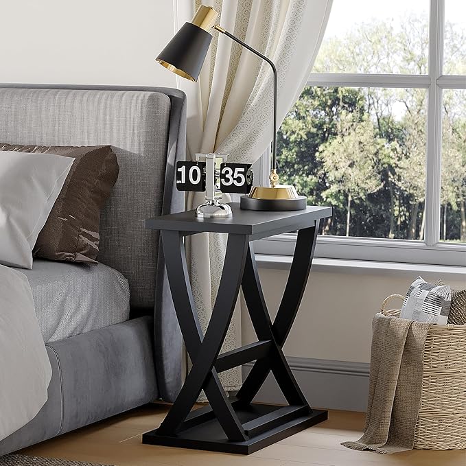ChooChoo Black End Tables Set of 2, Narrow Side Table with Storage Shelf, Modern X-Design Slim Bedside Tables for Living Room, Bedroom, Small Spaces