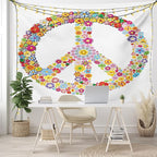 Ambesonne Groovy Tapestry King Size, Floral Peace Sign Summer Spring Blooms Love Happiness Themed Illustration Print, Wall Hanging Bedspread Bed Cover Wall Decor, 104" X 88", Red White