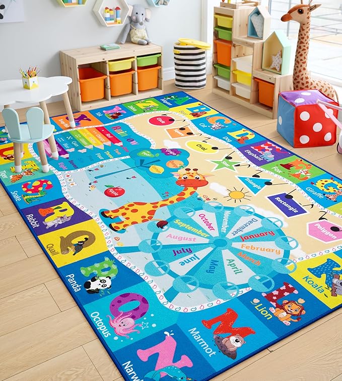 Chicrug Educational Kid Area Rug for Playroom, 9x12 Feet TPR Non Slip Kids Classroom Carpet Rug for Learning ABC Animal Shape Color Fruit, Washable Play Mat Rug for Children Nursery Toddler Room Decor