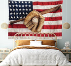 Ambesonne Baseball Tapestry King Size, Vintage Baseball League Equipment Usa Grunge Glove Bat Fielding Sports Theme, Wall Hanging Bedspread Bed Cover Wall Decor, 104" X 88", Red Brown