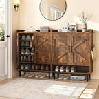 Yaheetech Shoe Storage Cabinet with Doors, Farmhouse Shoe Cabinet with 2 Adjustable Shelves and 4 Side Hooks, Wooden Shoe Rack Organizer Cabinet for Entryway, Foyer, Hallway, Rustic Brown