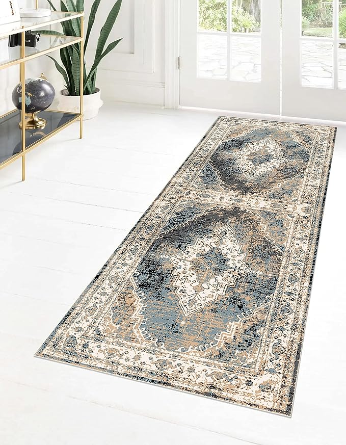 MICRODRY Runner Rug, Low-Profile Design for a Sleek, Bulk-Free Look. Machine Washable, Stain-Resistant, Skid-Resistant Backing, Ideal for Bedroom Hallway, Kitchen, or Entryway, 2x7', Inez (Cream/Blue)