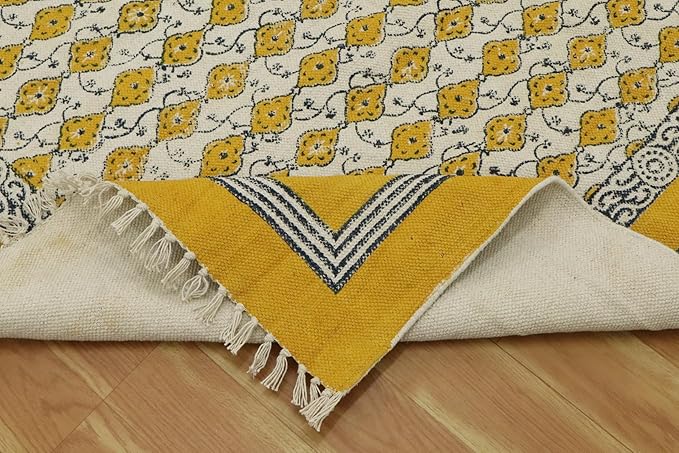 Area Rug 11' Square Rug Yellow & Beige Cotton Dhurrie Oriental Thick 0.19 inches Stone Easy Washable Rug Hand Wash Cotton Carpet Flatweave Rug Indoor Outdoor Rugs for Hall Room, Dining Room