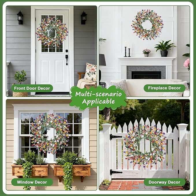 Wreaths for Front Door, 24 Inch Spring/Summer Front Door Wreath, Colorful Paper Flower Wreath for All Seasons for Indoor Home Wall Window Office Wedding Farmhouse Decor (Mixed)