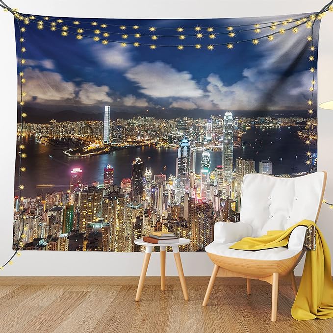 Ambesonne Cityscape Tapestry, Night View Hong Kong Victoria Harbor Business Financial District Cityscape Print, Wall Hanging for Bedroom Living Room Dorm Decor, 40" X 60", White Indigo
