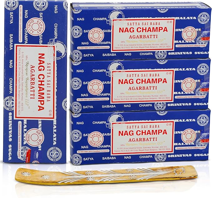 Satya Nag Champa Incense Sticks Bangalore- 250gm x 4 Pack (1000gm) Bundle Natural Hand Rolled Non-Toxic Nagchampa BNG Insense Set with Raajsee Insence Stick Holder for Meditation, Yoga & Joss Sticks