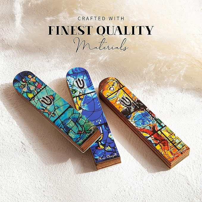 SURI Wooden Mezuzah Case for Door – 5 Inch Yellow Chagall-Inspired Mezuza Cover with Printed Scroll, Self-Stick Adhesive, Fits a 4 Inch Scroll, Gift Box Included