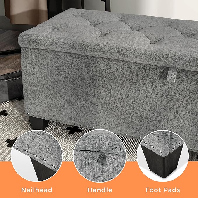 24/7 Shop at Home Sacallant Modern Linen Storage Bench with Button-Tufted Lift-Top, Upholstered Footstool, Rectangular Ottoman for Living Room, Bedroom, Entryway, Light Brown