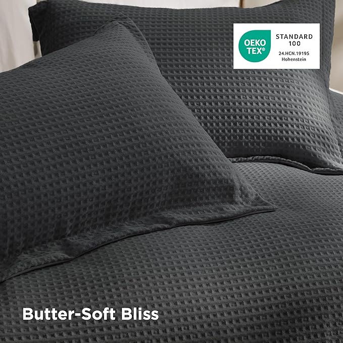 Bedsure Luxury Waffle Duvet Cover King Size - Textured Duvet Cover Set, Soft, Breathable Bedding Set (104"x90") with 2 Pillow Shams for All Season, Charcoal, Comforter Not Included