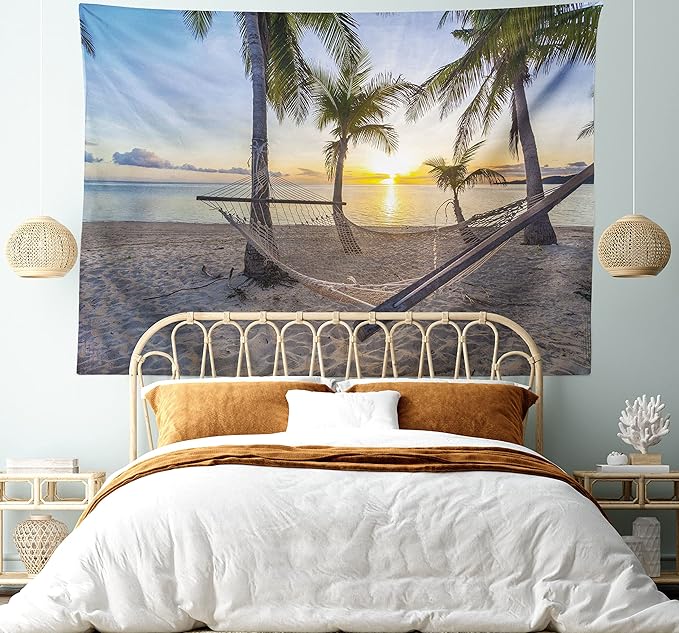 Ambesonne Tropical Tapestry, Paradise Beach Hammock and Coconut Palm Trees Horizon Coast Vacation Scenery, Fabric Wall Hanging Decor for Bedroom Living Room Dorm, 28" X 23", Sand Brown