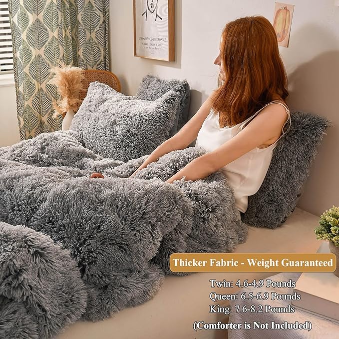 XeGe Plush Shaggy Duvet Cover Set, Luxury Ultra Soft Velvet Fluffy Bedding Sets 2 Pieces(1 Faux Fur Furry Comforter Cover + 1 Fuzzy Faux Fur Pillow Case), Zipper Closure (Twin, Light Gray Ombre)