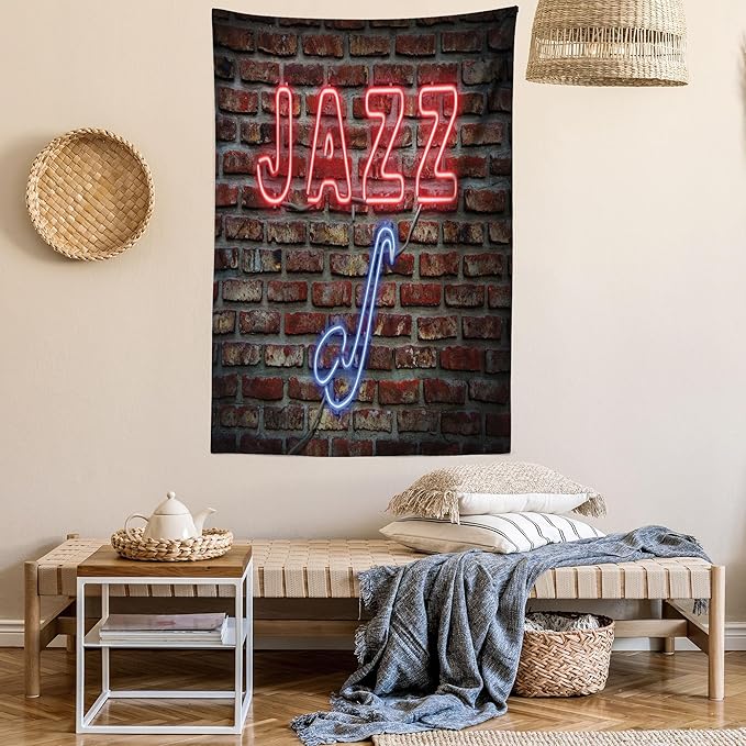 Ambesonne Music Tapestry, Image of Alluring Neon All Jazz Sign Saxophone Instrument on Brick Wall Print, Fabric Wall Hanging Decor for Bedroom Living Room Dorm, 23" X 28", Red Blue