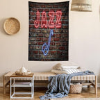 Ambesonne Music Tapestry Twin Size, Image of Alluring Neon All Jazz Sign Saxophone Instrument on Brick Wall Print, Wall Hanging Bedspread Bed Cover Wall Decor, 68" X 88", Red Blue