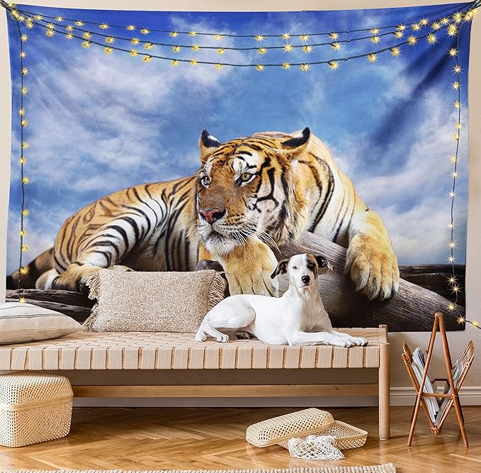 Ambesonne Savannah Tapestry, Tiger Sitting on Wood Clear Blue Sky Wildlife Morning Stripes Predator, Fabric Wall Hanging Decor for Bedroom Living Room Dorm, 30" X 45", Blue Mustard Black