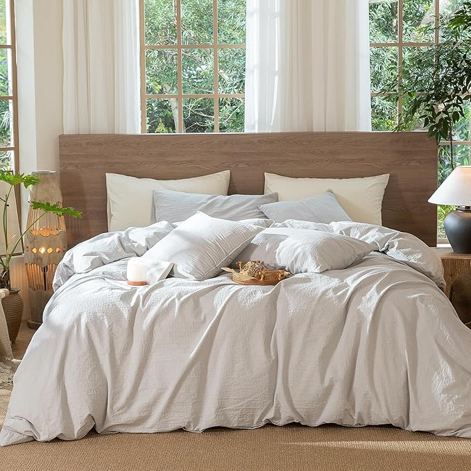 MooMee Wavy Striped Duvet Cover Set 100% Washed Cotton Linen Like Textured Breathable Durable Soft Comfy (Light Grey, Full 80"x90")