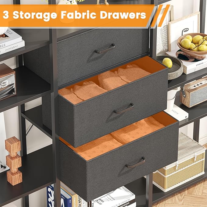 Semoic Triple Wide 6 Tiers Industrial Book shelf with 3 Drawers and Storage Shelves, 73.6" Tall Bookcase with 16 Open Display Shelves, Large Etagere Bookshelf with Metal Frame for Home & Office, Black