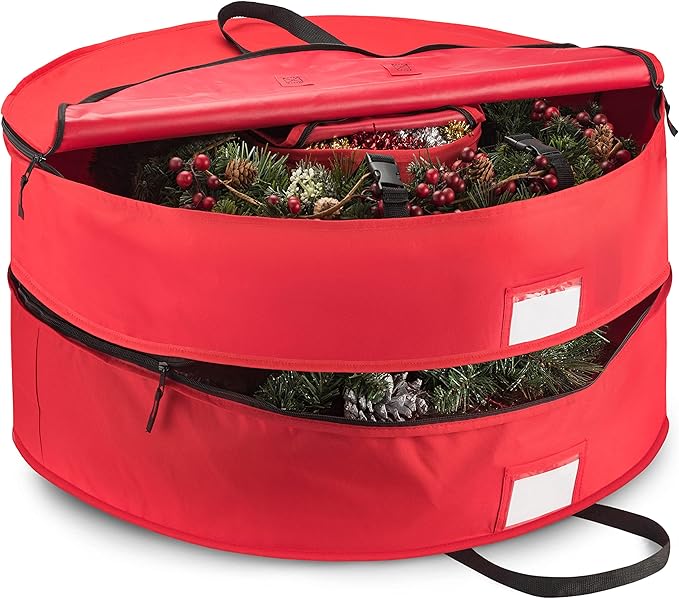 ZOBER Christmas Wreath Storage Container 24 Inch - Wreath Bag Fits 2 Wreaths Box - 600D Oxford Fabric - Interior Compartment for Storing Garlands, Wreaths Storage Bag W Strong Durable Handles - Red