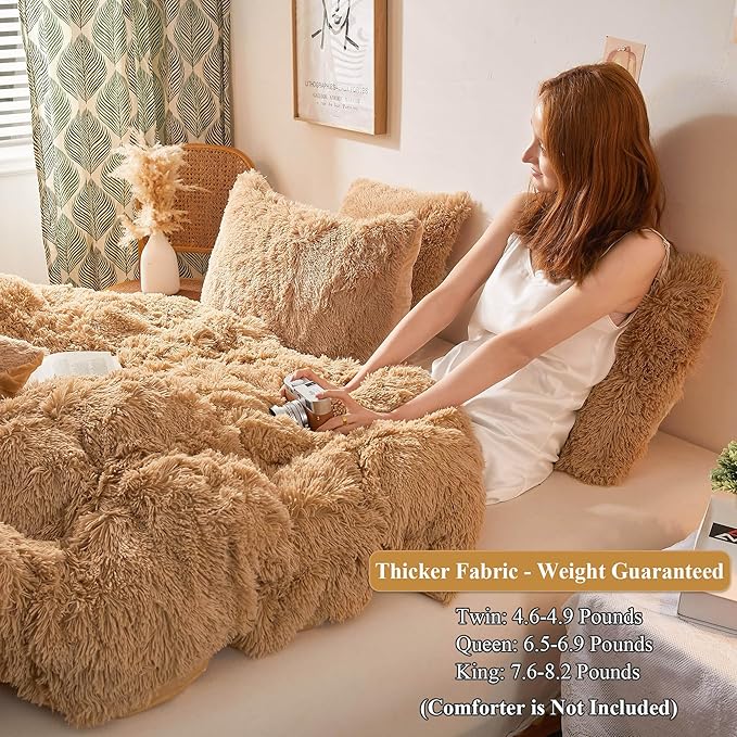 XeGe Plush Shaggy Duvet Cover Set, Luxury Ultra Soft Crystal Velvet Fluffy Bedding Sets 2 Pieces(1 Faux Fur Furry Comforter Cover + 1 Fuzzy Faux Fur Pillowcase), Zipper Closure(Twin, Camel)
