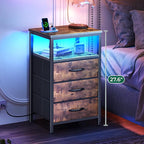 Huuger Night Stand with Charger Station and LED Lights, 3 Drawer Nightstand, Bed Side Table with Open Shelf, End Table, Tall Fabric Dresser for Bedroom, Rustic Brown