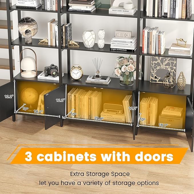 Semoic 85.8" Tall Arched Bookshelf with Door, 5-Tier Etagere Bookcase with Storage Cabinet Shelf, Triple Wide Industrial Bookshelf, Free Standing Display Shelf for Living Room Home Office, Black