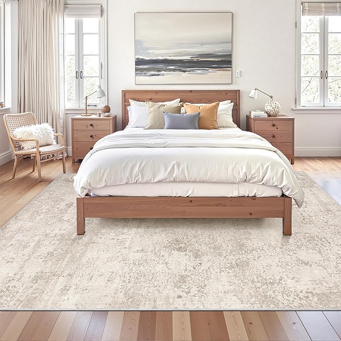 Art&Tuft Washable Rugs 5x7, Abstract Area Rugs for Living Room - Non Slip and Low Pile Soft Thin 5x7 Rug for Bedroom, Dining Room, Kitchen, Office, Beige