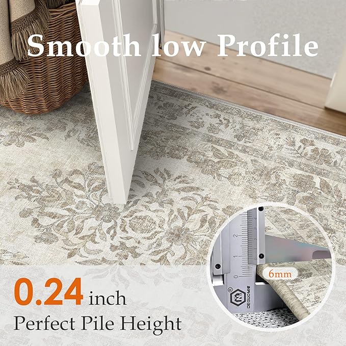 5x7 Area Rug Beige Washable Vintage Distressed Living Room Carpet Large Bedroom Indoor Medallion Floral Non Slip Retro Throw Floor Mat for Office Dining Room Kitchen Bathroom