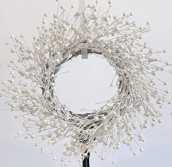 Huashen 24 Inch Winter Front Door Wreath Pearl White Berry Wreath Winter Wreaths for Front Door, Fireplace, Mantel, Xmas Christmas Décor