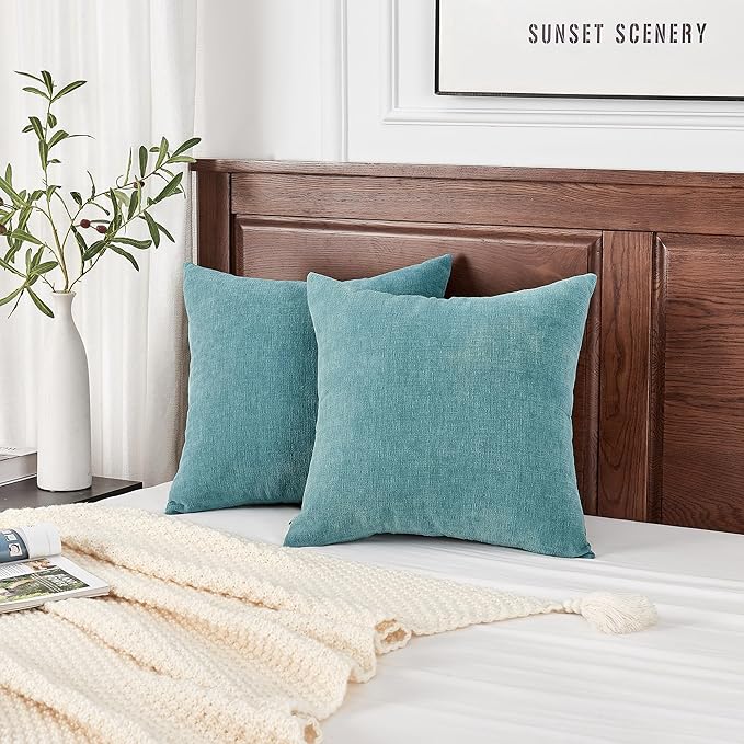 GAWAMAY Decorative Throw Pillow Covers 16x16 Inch Set of 2, Super Soft Chenille Square Pillows Farmhouse Fall Pillowcase for Living Room Bedroom Sofa Couch Cushion Cover Smoke Blue 40x40cm