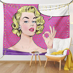 Ambesonne Vintage Tapestry King Size, Pop Art Blonde Woman Making OK Sign on Dotted Background Retro Comic Book Design, Wall Hanging Bedspread Bed Cover Wall Decor, 104" X 88", Pink Blue