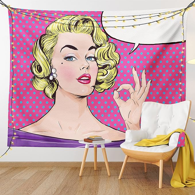 Ambesonne Vintage Tapestry Twin Size, Pop Art Blonde Woman Making OK Sign on Dotted Background Retro Comic Book Design, Wall Hanging Bedspread Bed Cover Wall Decor, 68" X 88", Pink Blue