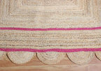 Scalloped Edge Rug, Hand Woven Natural Jute Area Rug, 9x12 Ft Beige & Pink Braided Sisal Kilim Rugs for Living Room, Kitchen, Entryway, Farmhouse