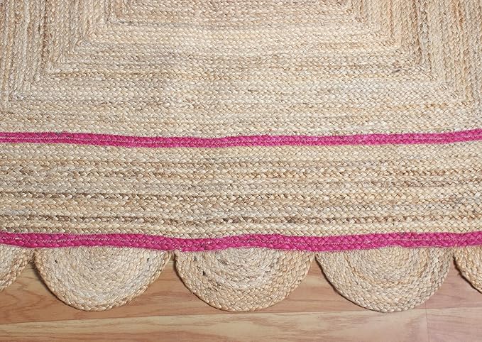 Scalloped Jute Rug, Hand Woven Runner Area Rug, 5x10 Ft Beige & Pink Braided Natural Sisal Kilim Rugs for Living Room, Kitchen, Entryway, Farmhouse
