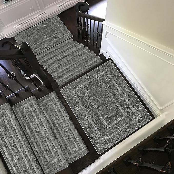 PURE ERA Bullnose Carpet Stair Treads Set Tape Free Non-Slip Indoor Stair Protectors Pet Friendly Rugs 9.5" x 30"(7 Pieces,Grey Rectangular)