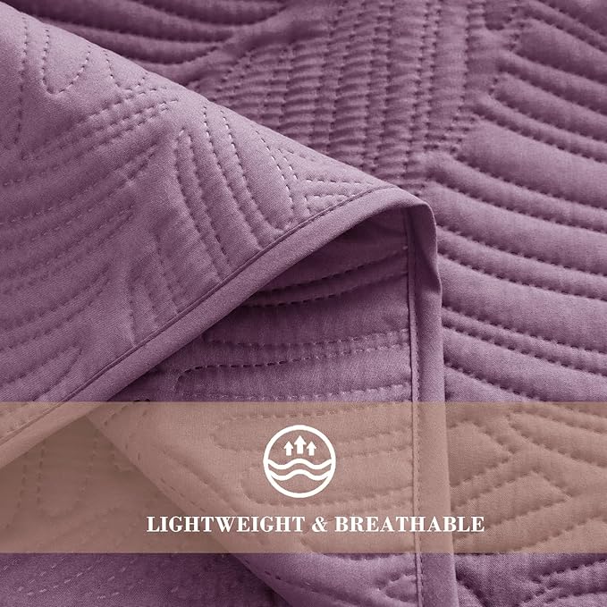 Exclusivo Mezcla Queen Quilt Bedding Set, Lightweight Dusty Lavender Quilts Queen Full Size for All Seasons, Soft Microfiber Bedspreads Coverlets Bed Cover with Leaf Pattern, 3 Piece