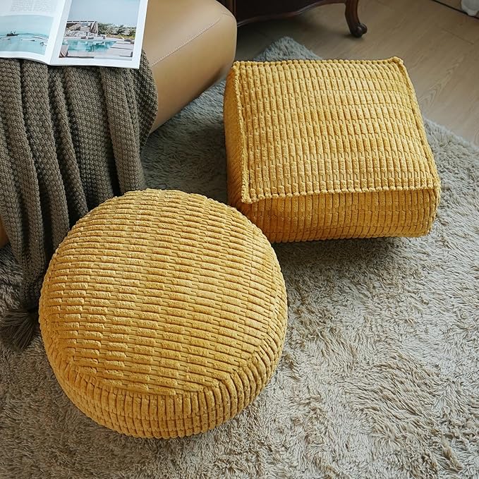 Unstuffed Pouf Ottoman Cover Soft Storage Extra Seat Farmhouse Comfortable Bohemian Poufs Accent Footrest 20x20x8 Inches for Living Room Bedroom Study Nook (Yellow, Square)