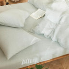 MooMee Striped Duvet Cover Set 100% Washed Cotton Linen Like Textured Breathable Durable Soft Comfy (Sage Green White Pinstripes, Super King 108"x98")