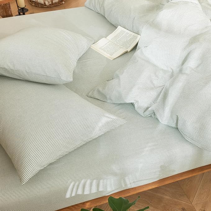 MooMee Striped Duvet Cover Set 100% Washed Cotton Linen Like Textured Breathable Durable Soft Comfy (Sage Green White Pinstripes, Super King 108"x98")