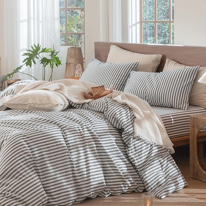 MooMee Striped Duvet Cover Set 100% Washed Cotton Linen Like Textured Breathable Durable Soft Comfy (Dark Grey White Classic Stripes, Alaska King 132"x120")