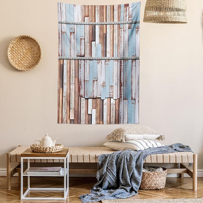 Ambesonne Rustic Tapestry, Nautical Wooden Planks Tree Designs on Rusty Screws Art Print, Wall Hanging for Bedroom Living Room Dorm Decor, 40" X 60", Mauve Teal