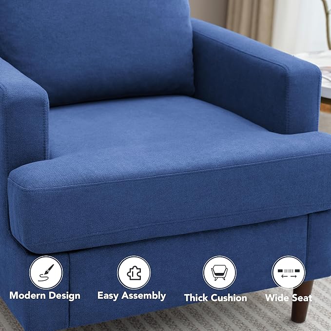 Mid-Century Accent Chair,Modern Linen Fabric Armchair for Living Room,Comfy Upholstered Reading Accent Chairs for Bedroom,Single Sofa Chair with Wood Legs (Blue, 1 Pack)