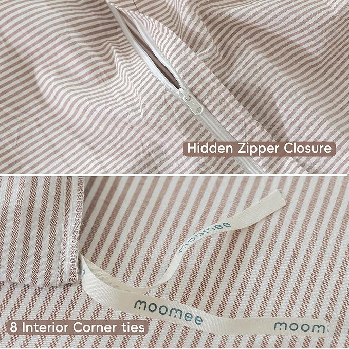 MooMee Striped Duvet Cover Set 100% Washed Cotton Linen Like Textured Breathable Durable Soft Comfy (Orange Pinstripes, Cal King 104"x98")