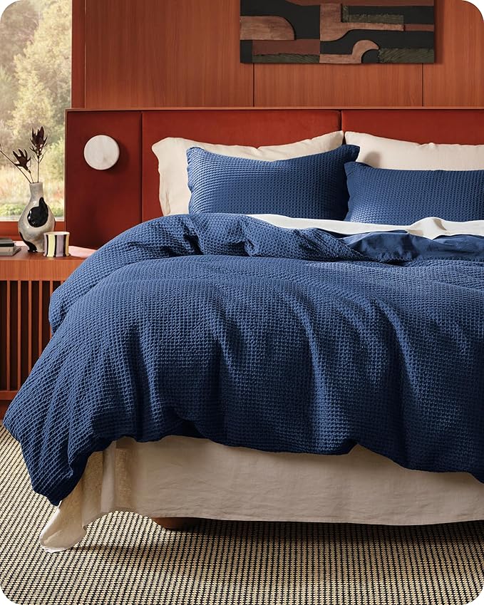 Bedsure Cotton Duvet Cover Set - 100% Cotton Waffle Weave Navy Duvet Cover California King, GentleSoft™ and Breathable Cal King Bedding Set for All Season, 3 Pieces, 104"x98"