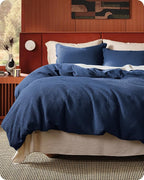 Bedsure Cotton Duvet Cover Set - 100% Cotton Waffle Weave Navy Duvet Cover Oversized King Size, GentleSoft™ and Breathable Bedding Set for All Season, 3 Pieces, 120"x98"