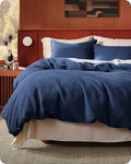 Bedsure Cotton Duvet Cover Queen - 100% Cotton Waffle Weave Navy Blue Duvet Cover Queen Size, GentleSoft™ and Breathable Bedding Set for All Season, 3 Pieces, 90"x90"