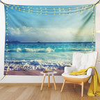 Ambesonne Tropical Island Tapestry, Ocean Waves on Seychelles Beach at the Sunset Time Skyline, Wide Wall Hanging for Bedroom Living Room Dorm, 60" X 40", Turquoise Sky Blue Umber