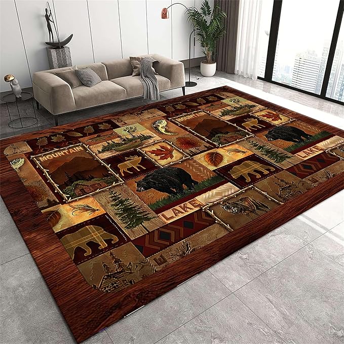 Cabin Collection Rug Vintage Southwestern Nature Landscape and Wild Animals Design Area Rugs Contemporary Geometric Stitching Carpets Bordered by Wooden Barn for Dining Room Laundry Bedsides, 4x6ft