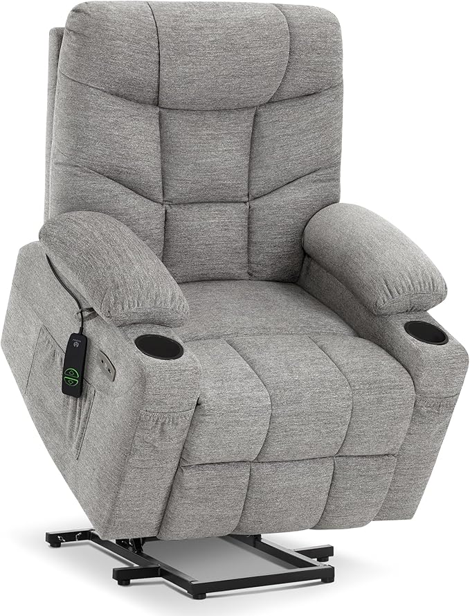 MCombo Power Lift Recliner Chair with Extended Footrest for Elderly People, Fabric 7287 (Light Grey, Medium)