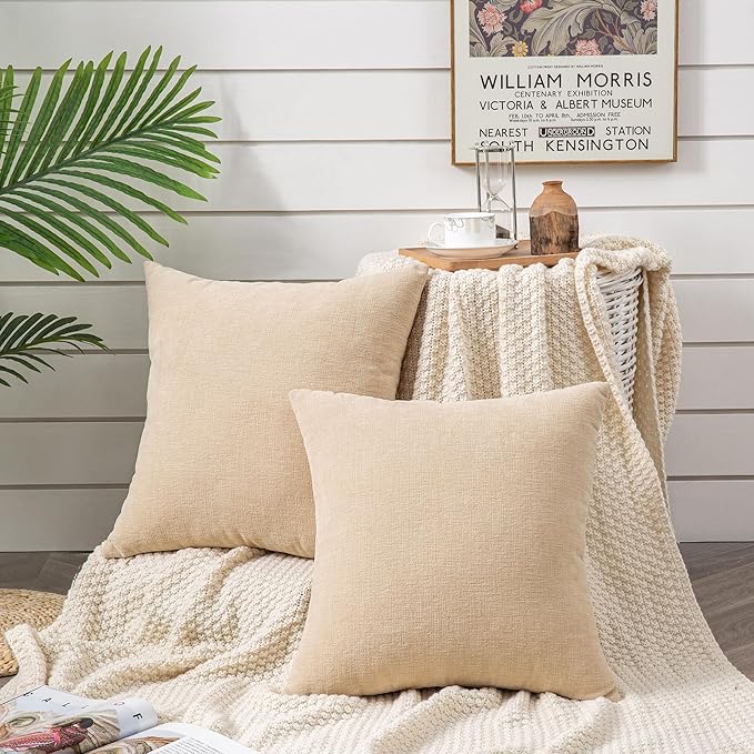 GAWAMAY Decorative Square Throw Pillow Covers 20"x20" Inch Set of 2, Super Soft Chenille Pillows Farmhouse Fall Pillowcase for Living Room Bedroom Sofa Couch Cushion Cover Beige 50x50cm (No Insert)